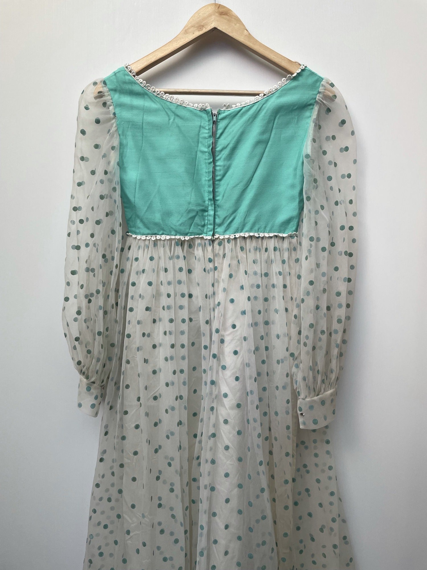 zip back  zip  womens  vintage  Urban Village Vintage  urban village  sheer  semi sheer  Polka Dot  maxi dress  maxi  long sleeve  Green  dress  balloon sleeves  balloon sleeve  balloon  70s  10