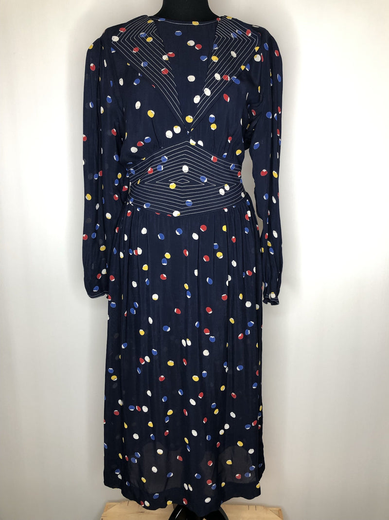 womens  white  vintage  Urban Village Vintage  summer dress  stitch detailing  stitch detail  print  navy  multi  long sleeve  dress  circle print  circle  blue  70s  1970s  16