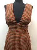 womens  vintage  v-neck dress  Urban Village Vintage  two piece  suit  set  red  patterned dress  patterned  multi  mod  matching set  Harris Tweed  handwoven  green  dress  brown  8  60s  1960s