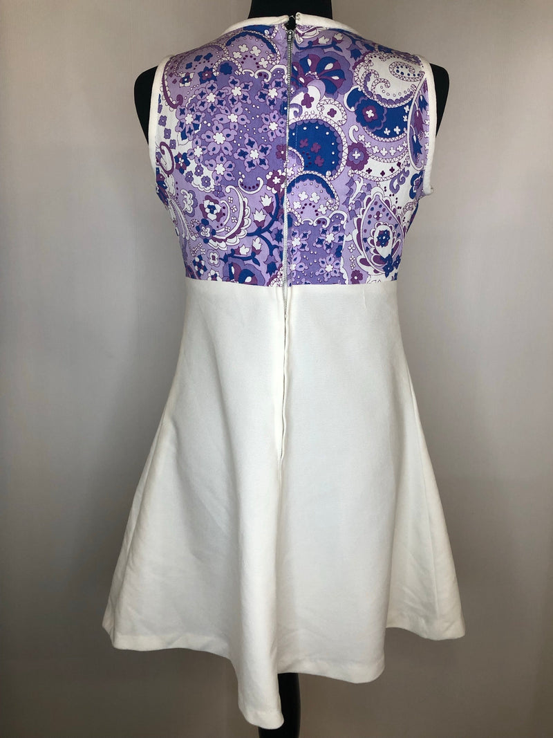 womens  white  vintage  sleeveless  retro  Purple  print dress  MOD  mini dress  dress  60s  1960s  10