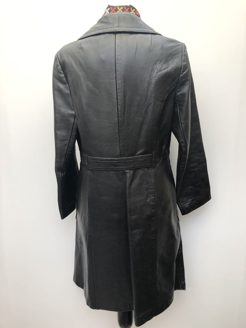 Womens Vintage 1970s Black Leather Jacket Suede Centre Swear & Wells Size 12 long length 70s circular pockets collared design button front - Urban Village Vintage