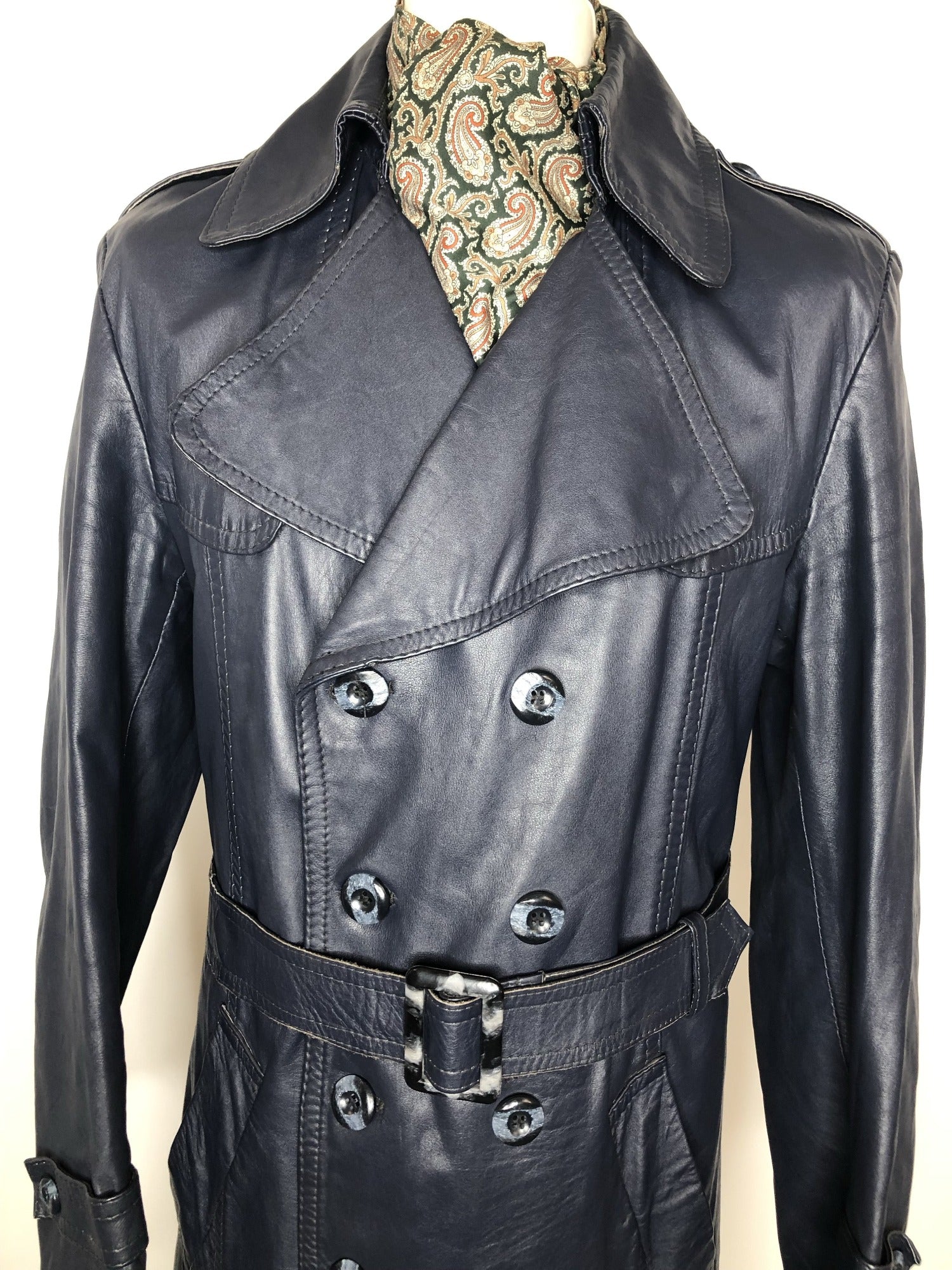 Windsor Leatherwear  waist belt  vintage  Urban Village Vintage  pockets  mens  M  long sleeve  Leather Jacket  Leather Coat  Leather  Jacket  blue  70s  1970s