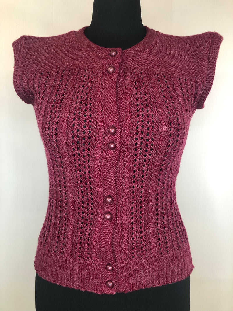 womens  waistcoat  vintage  vest  Urban Village Vintage  urban village  tank  sleeveless  ribbed design  Ribbed  red  Lightweight Knit  light knitwear  knitwear  knitted  knit  Harold Ingram  button up  button front  button  burugndy  8