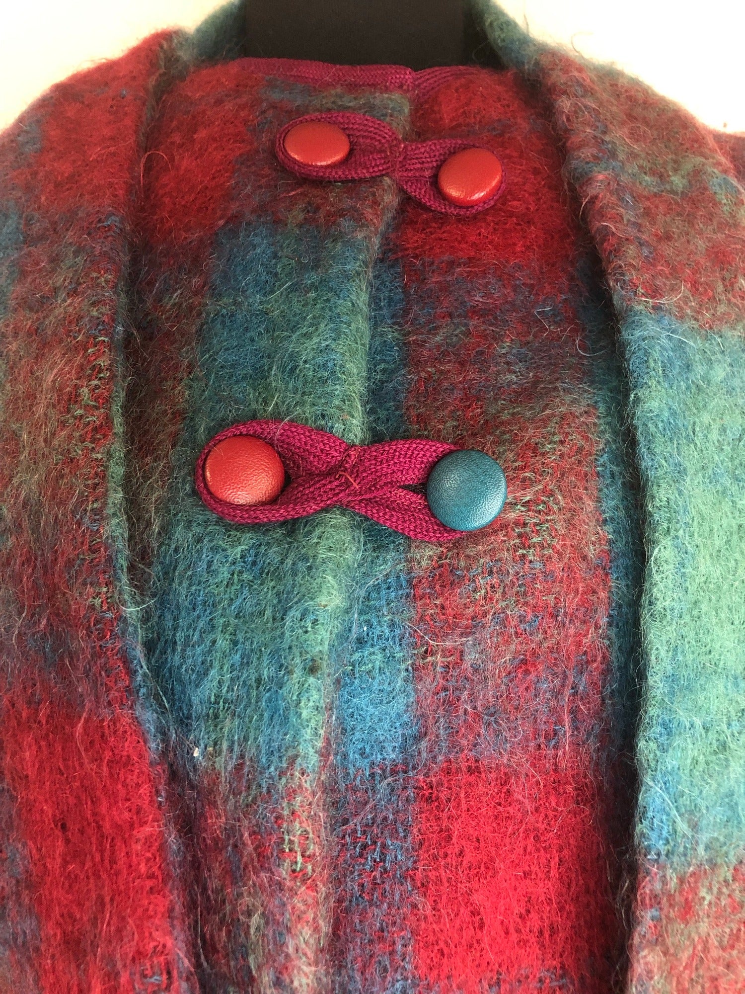 mohair  wool  womens  vintage  Urban Village Vintage  tunic  Strathay Originals  S  red  checked  check  cape  blue  60s  1960s
