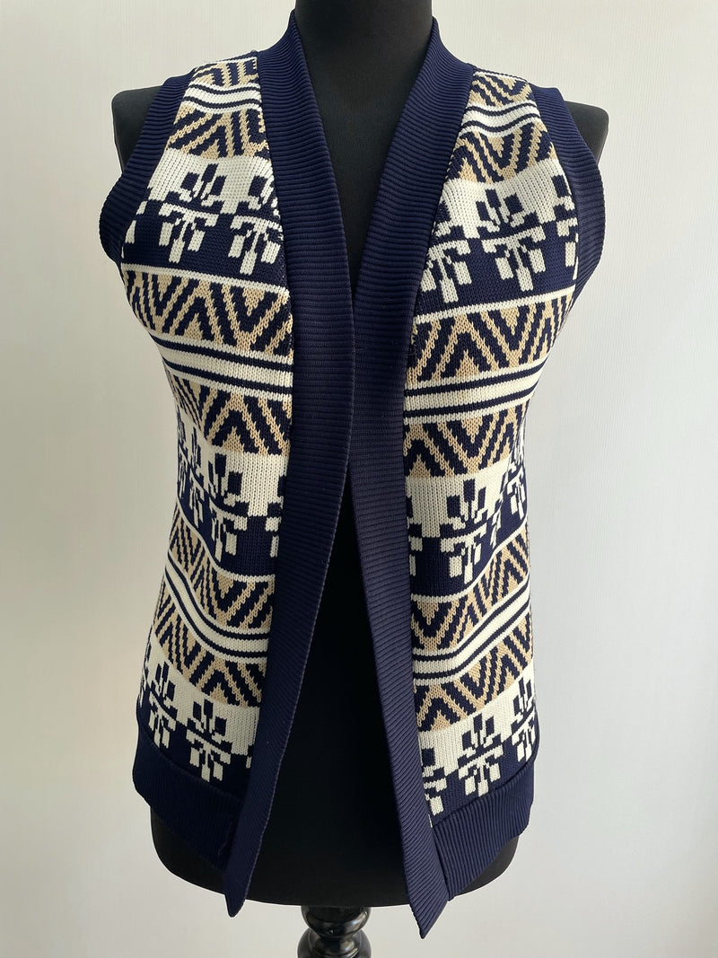 womens  white  waistcoat  vintage  Urban Village Vintage  urban village  sleeveless  patterned  open cardigan  made in england  light knitwear  light knit  knitwear  knitted  knit  elasticated  cardigan  blue  Alison Jane  70s  1970s  10