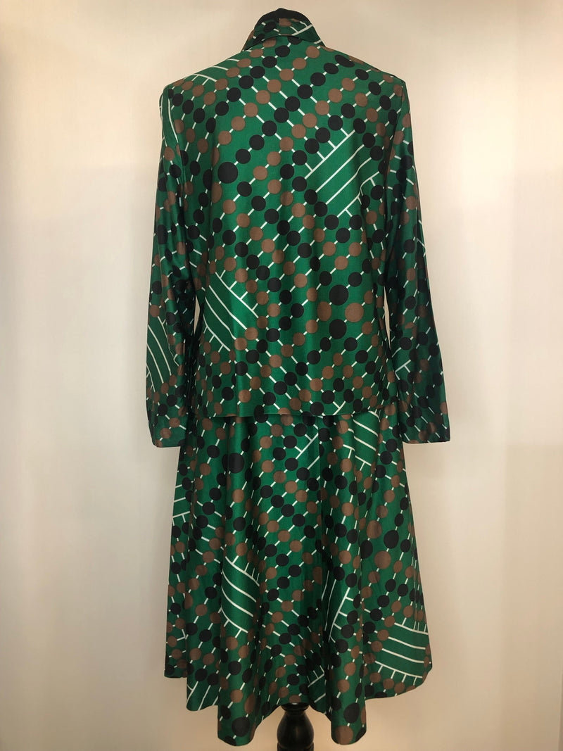 womens  vintage  Urban Village Vintage  two piece  twin set  top  tie neck  Skirts  skirt  Shirt  sailor collar  retro  green  circle print  brown print  blouse  70s  70  1970s  12  10-12  10