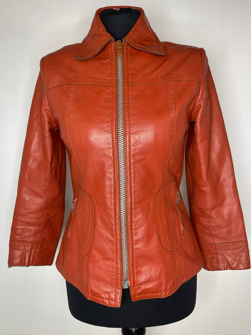 womens  vintage  Urban Village Vintage  tan  soft leather  round collar  Orange  long sleeve  Leather Jacket  Leather Coat  Leather  Jacket  fitted jacket  chunky zip  brown  Beagle collar  70s collar  70s  6  1970s