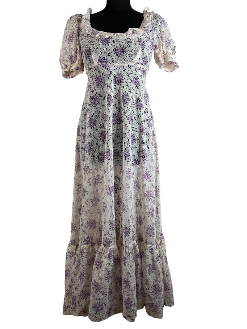 womens  white  vintage  Urban Village Vintage  urban village  summer dress  summer  see through  ruffles  ruffle hem  purple  puff sleeve  maxi  lace  hippie  frill neckline  floral print  floral lace  floral dress  dress  boho  8  70s  70  1970s