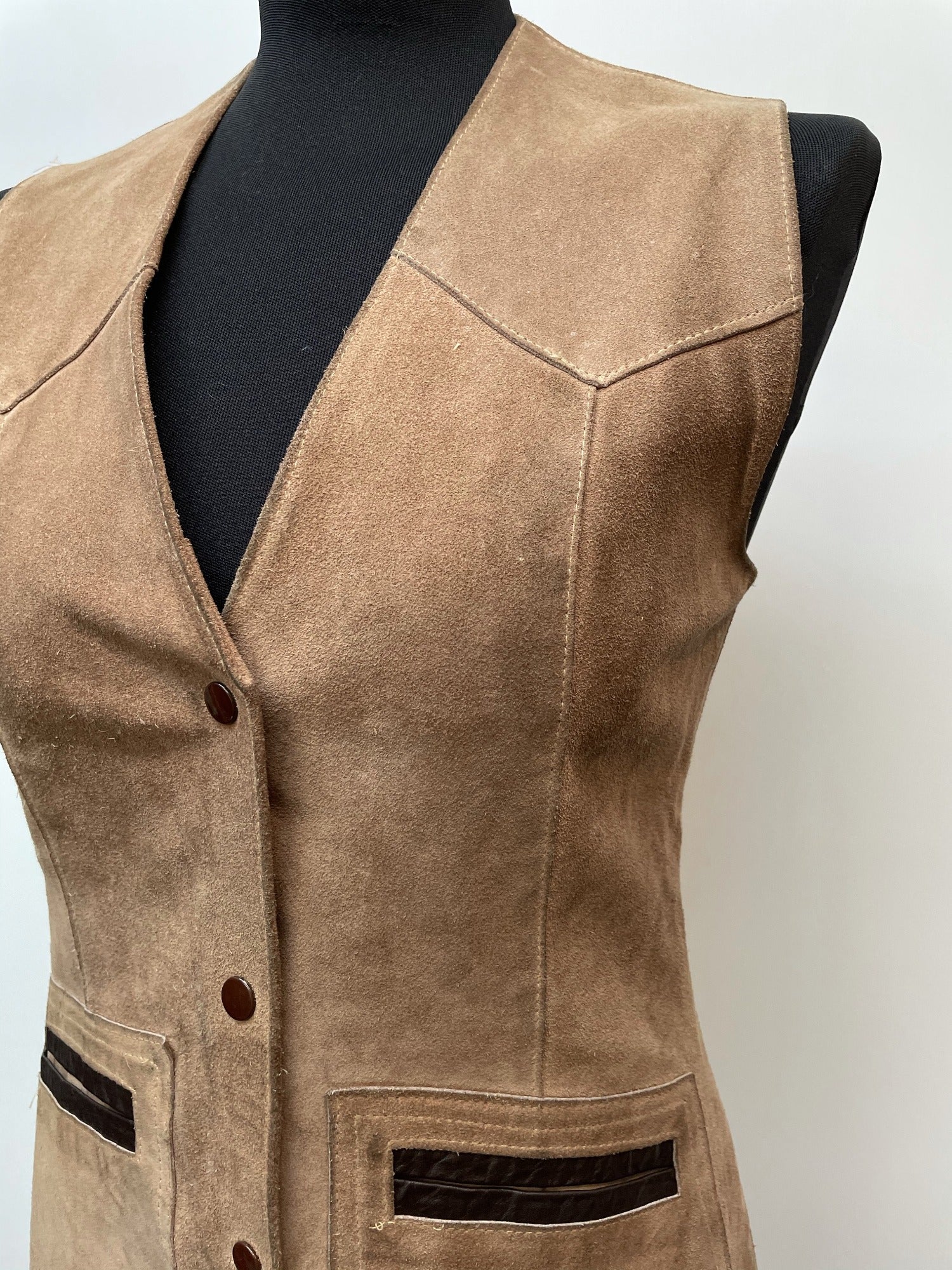 womens  waistcoat  vintage  Urban Village Vintage  urban village  Suede Jacket  Suede  stitch detailing  stitch detail  sleevless  sand  retro  red  press stud fastening  light brown  Leather  Jacket  faux suede  decorative pockets  decorative buttons  brown  8  70s  60s  1970s  1960s