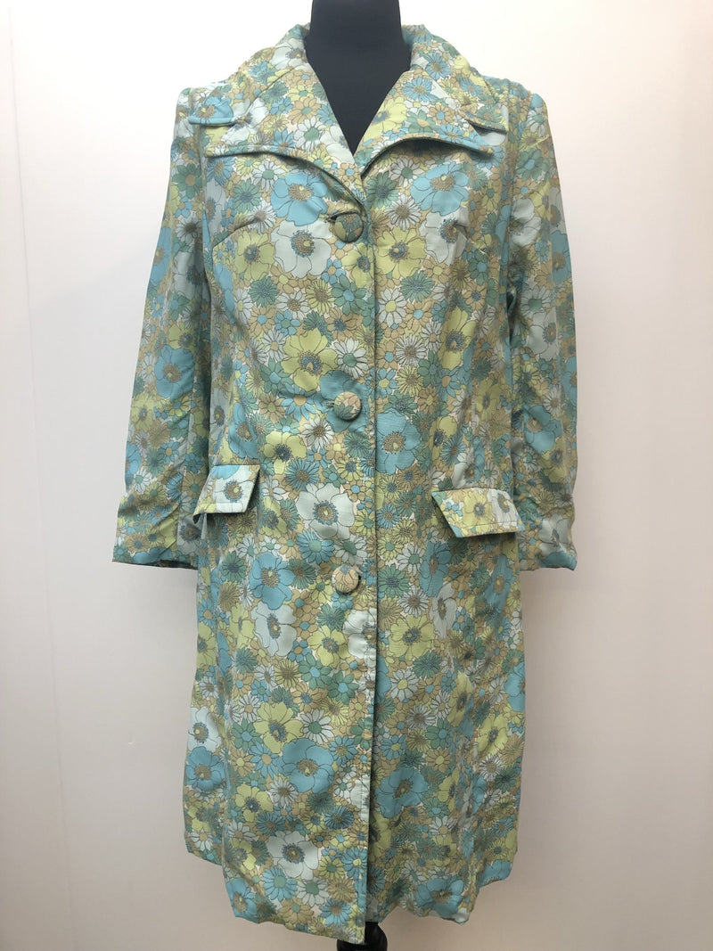 womens  vintage  Urban Village Vintage  ruched sleeve  MOD  long sleeve  green  floral  coat  button  blue  bell sleeve  60s  1960s  12