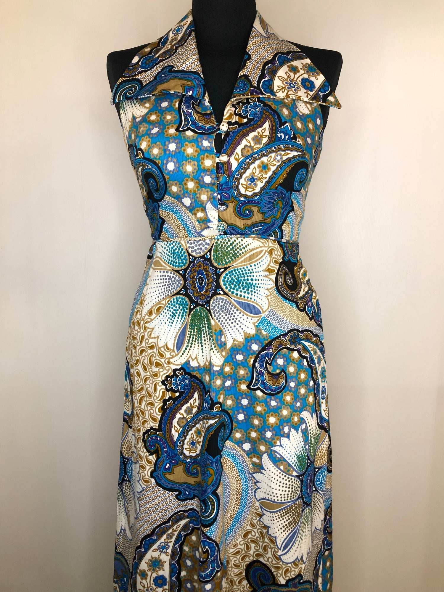 womens  vintage  Urban Village Vintage  urban village  summer dress  summer  maxi dress  large collar  hippie  full length  floral print  button detailing  blue  8  70s  70  1970s