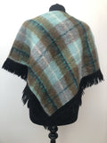 Wool  vintage  Urban Village Vintage  tartan  Strathay Originals  short  S  poncho  cape  button detail  blue  black fringing  60s  1960s