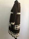 womens  vintage  Urban Village Vintage  triangle print  retro  print dress  MOD  dress  decorative buttons  crochet trim  crochet  circle print  brown  70s  70  1970s  10