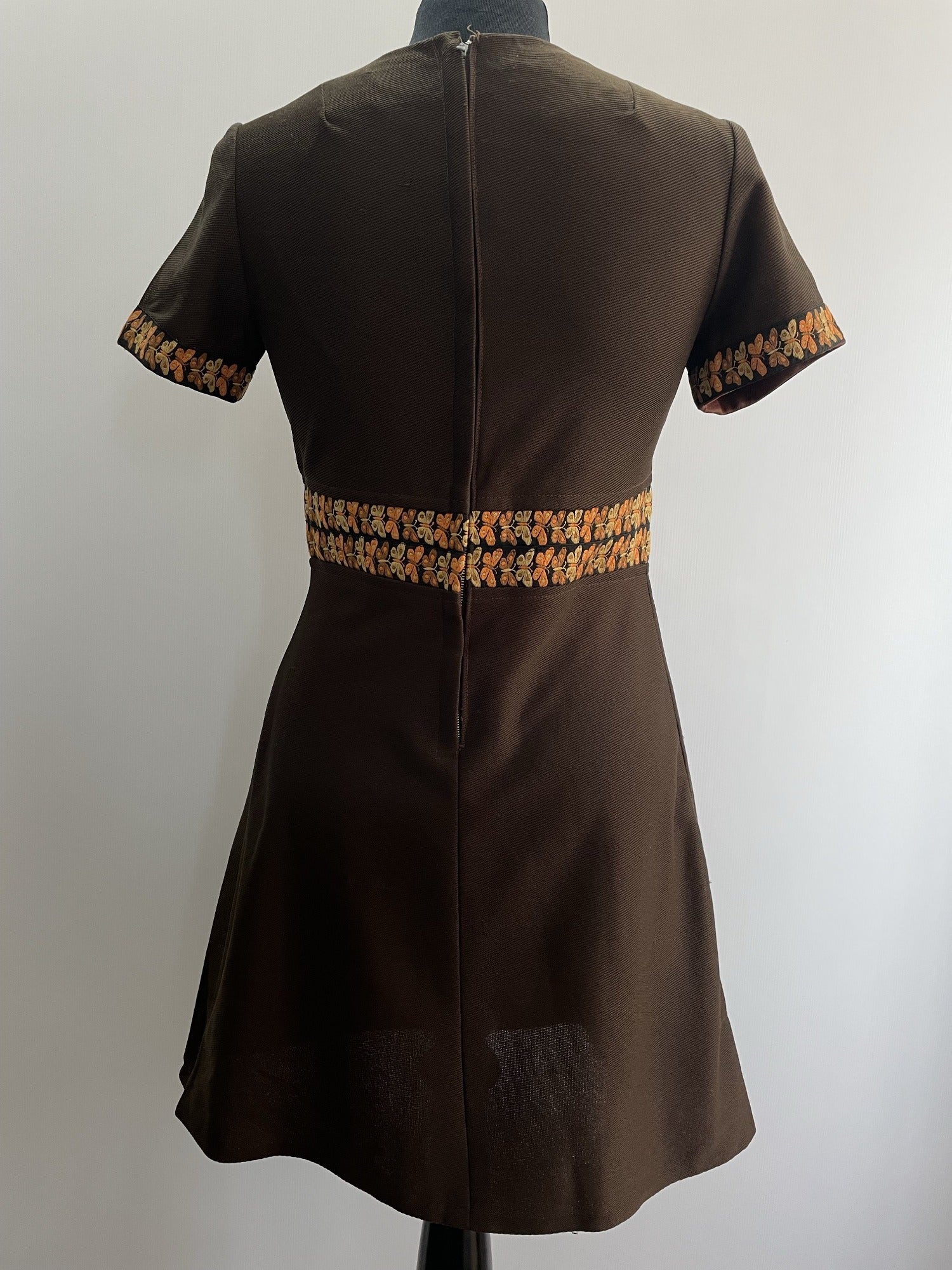 zip back  womens  vintage  Urban Village Vintage  short dress  scooter dress  scooter  modette  MOD  mini dress  micro mini  embroidery  dress  dolly dress  dolly  butterfly  brown  A-line  8  60s  1960s