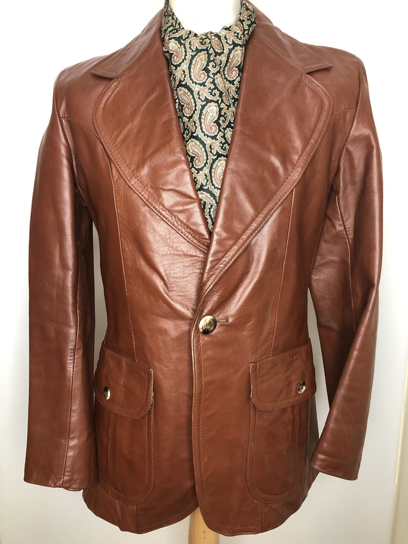 vintage  Urban Village Vintage  urban village  S  round collar  pockets  mens  long sleeve  Leather Jacket  Leather Coat  Leather  button  brown  70s  1970s