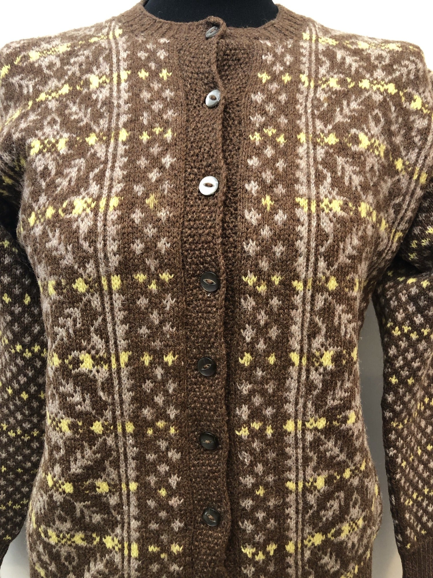 wool  womens  vintage  Urban Village Vintage  urban village  round neck  patterned  pattern  long sleeves  Long sleeved top  long sleeve  light knit  knitwear  knitted  knit  Jacket  fairisle  button down  brown  60s  1960s  12