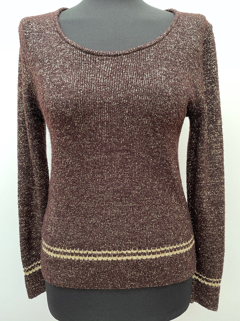 womens top  womens shirt  womens  vintage  sweater  St Michael  shimmer  round neck  retro  MOD  long sleeve  jumper  gold metallic  gold  elasticated  disco  dark brown  brown  70s  60s  1970s  1960s  12