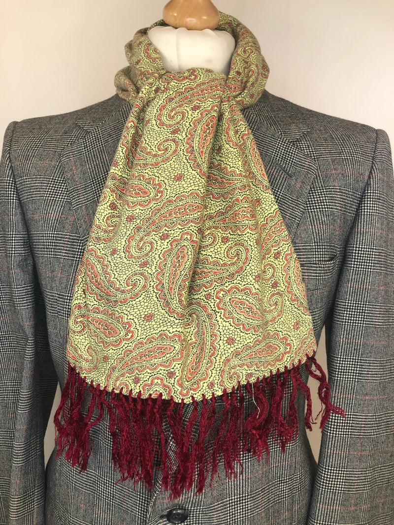 womens  vintage  Urban Village Vintage  urban village  tootal  retro  red  Paisley Print  paisley inspired  paisley  made in england  fringing  fringed  fringe  cream  burgundy  60s  1960s