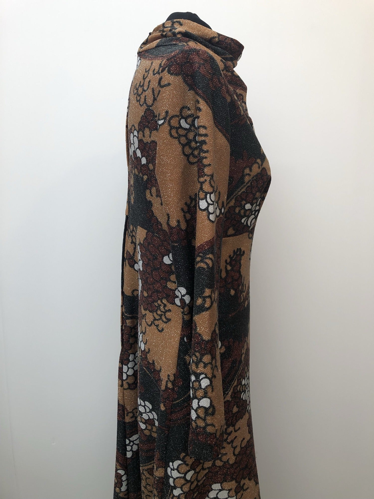 zip  womens  vintage  Urban Village Vintage  urban village  maxi dress  lurex  long length dress  glitter  floral dress  dress  brown  back zip  70s  1970s  14