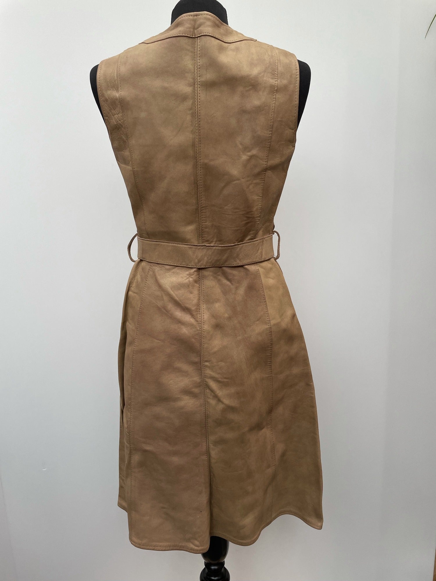 womens  waist belt  vintage  Urban Village Vintage  urban village  suede and leathercraft limited  sleevless  retro  pockets  MOD  midi dress  midi  Leather Dress  Leather  dress  button  brown  Belted waist  belted dress  belted  belt  beige  8