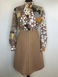 1960s Balloon Sleeve Patterned Pussy Bow Dress - Size UK 14