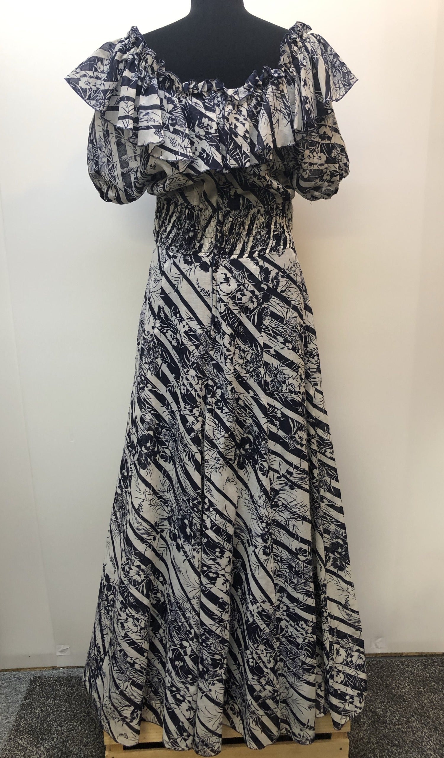 womens  white  vintage  Urban Village Vintage  urban village  summer dress  stripe  ruffle  patterned  off shoulder  maxi dress  hippie  folk  floral dress  floral  dress  boho  bohemian  blue  balloon sleeves  70s  70  1970s  12