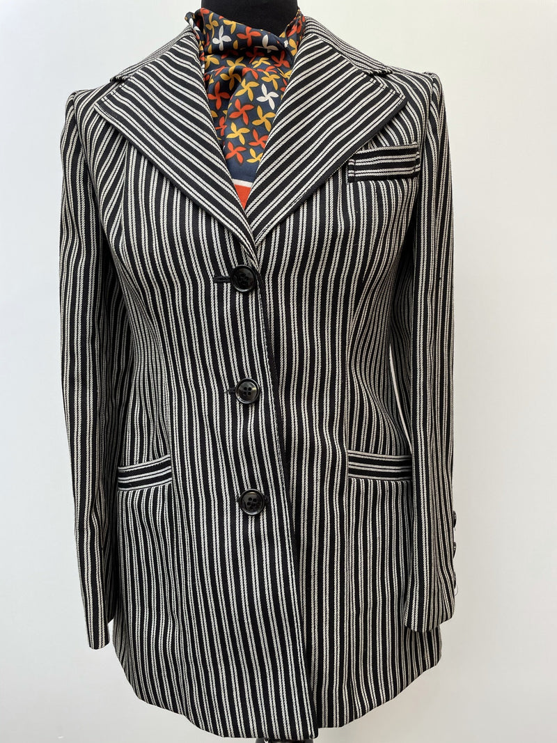 womens jacket  womens  white stripes  white line  white  vintage  Three Button  stripey  Stripes  striped  polyester  navy stripe  Navy  MOD  long sleeves  Long sleeved top  long sleeve  lapels  Jacket  dark blue  button down  button  boating jacket  blue  blazer jacket  Blazer  belted blazer  alexon youngest  70s  60s  6  3 button  1970s  1960s
