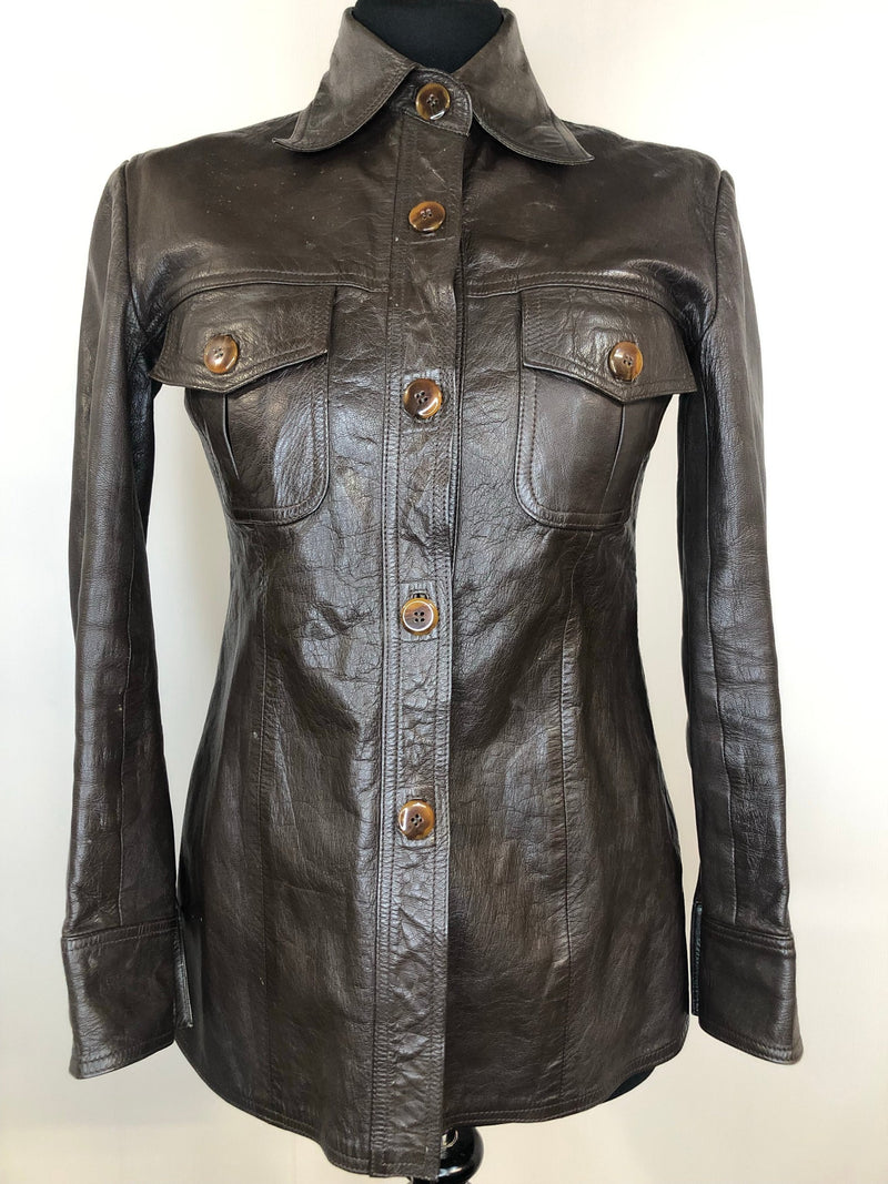 womens jacket  womens  vintage  Urban Village Vintage  urban village  pockets  leather stitch  leather shirt  Leather Jacket  Leather Coat  Leather  Jacket  dagger collar  coat  button  brown leather  brown  big collar  8  70s