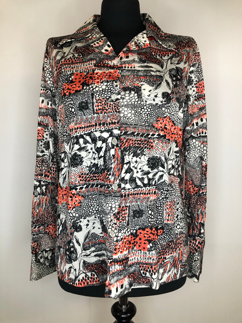 womens  white  vintage  top  red  multi  floral print  blouse  black  70s  1970s  14