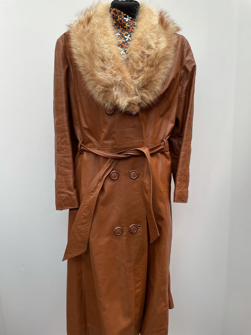 womens  waist belt  vintage  Urban Village Vintage  urban village  tan  soft leather  short sleeved  made in england  long sleeves  long sleeve  long coat  long  Leather Jacket  Leather Coat  Leather  Jacket  full length  faux fur  faux collar  faux  double breasted coat  double breasted  button down  button  brown  Belted waist  belted jacket  belted  belt  70s  1970s  12