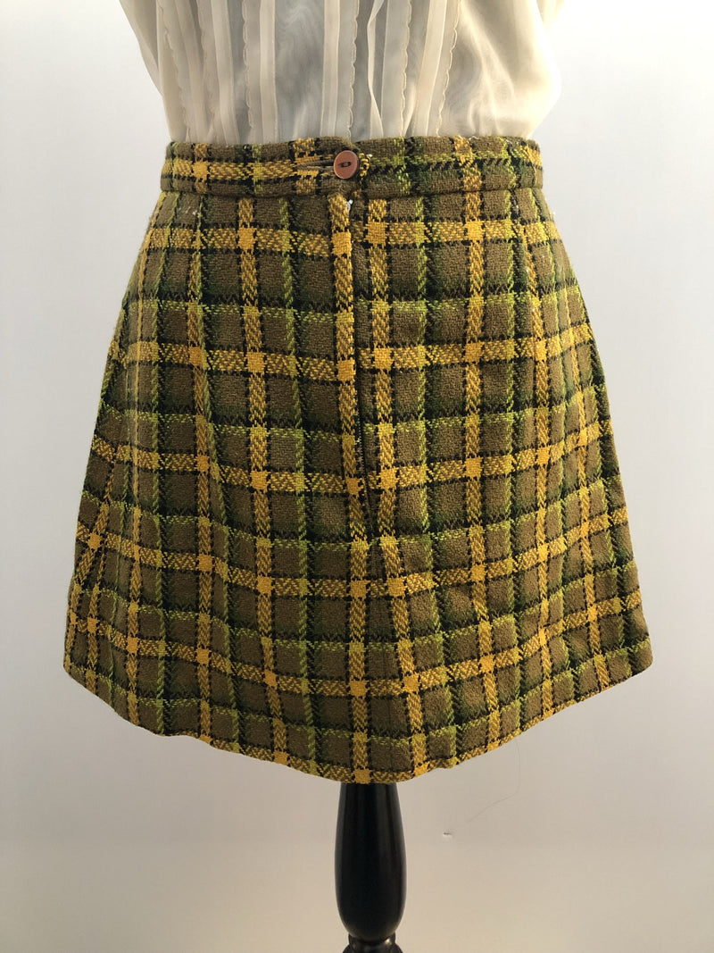 zip  Yellow  womens  vintage  Urban Village Vintage  urban village  Skirts  skirt  MOD  mini skirt  check dress  brown  back zip  8  60s  1960s