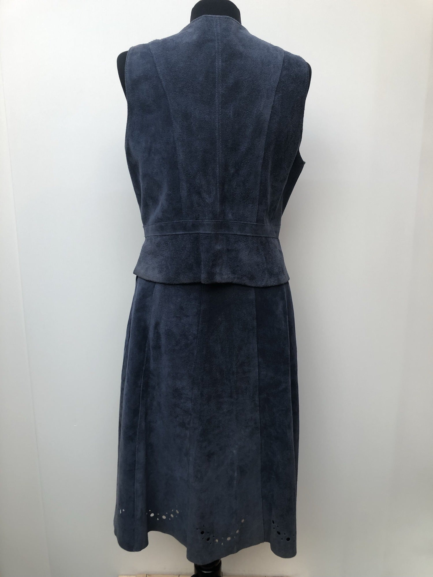 womens  waistcoat  vintage  Urban Village Vintage  two piece  top  suede top  suede skirt  suede  set  formal  blue  60s  1960s  10