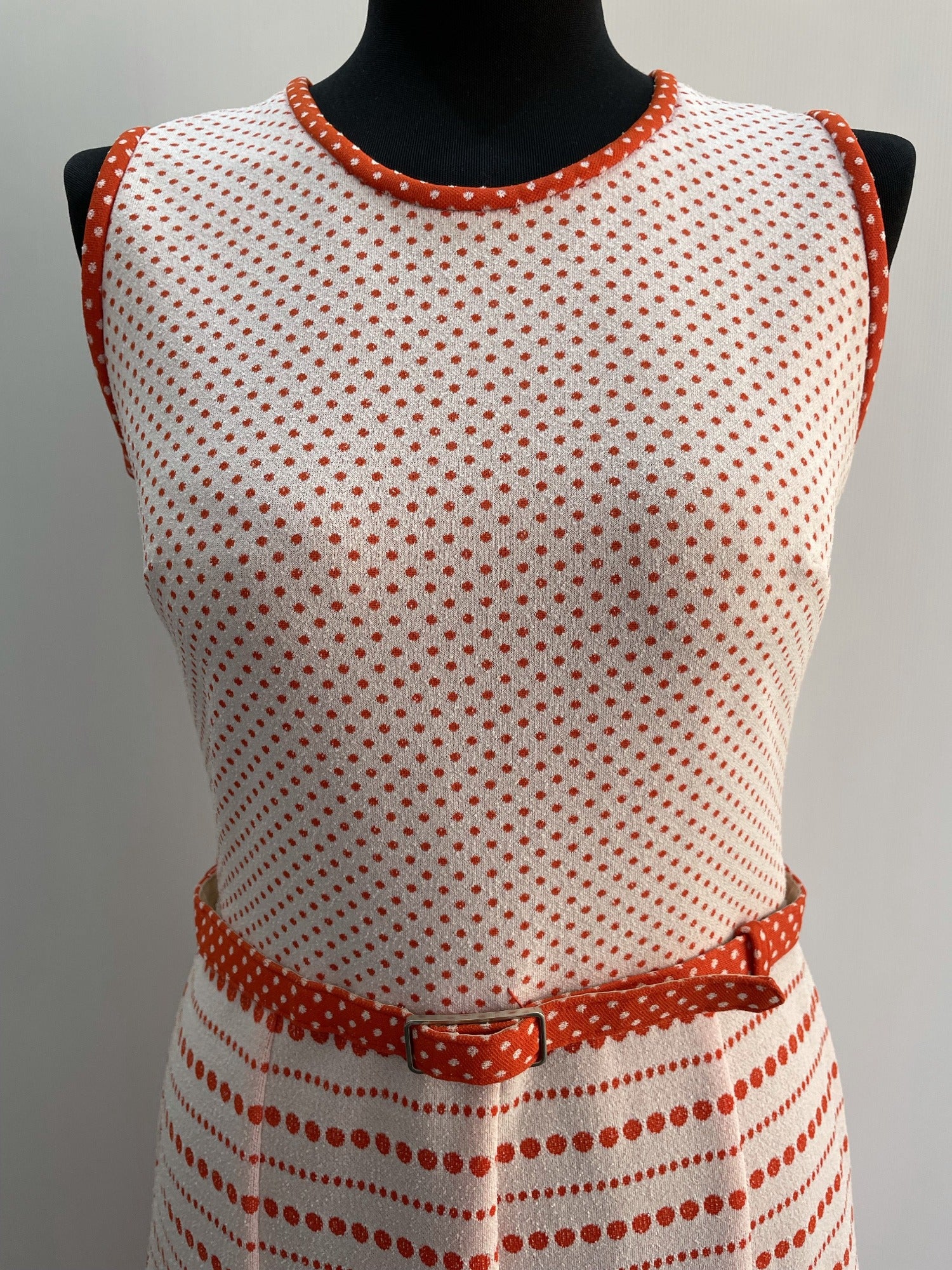 womens  white  vintage  Urban Village Vintage  urban village  tank dress  tank  summer dress  summer  spring  spotty  spot  sleeveless  red  polka dot  polka  knitted  knit dress  knit  dress  back zip  70s  1970s  10