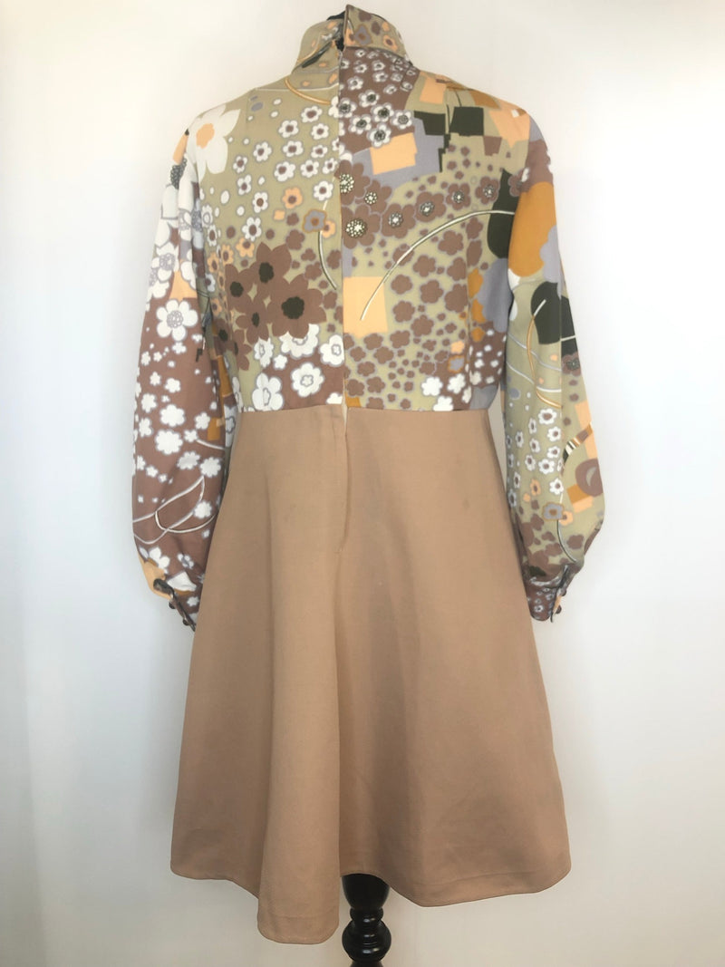 zip  womens  vintage  Urban Village Vintage  urban village  pussy bow  multi  MOD  long sleeve  lined  dress  collared dress  brown  balloon sleeves  balloon sleeve  balloon  back zip  60s  1960s  14