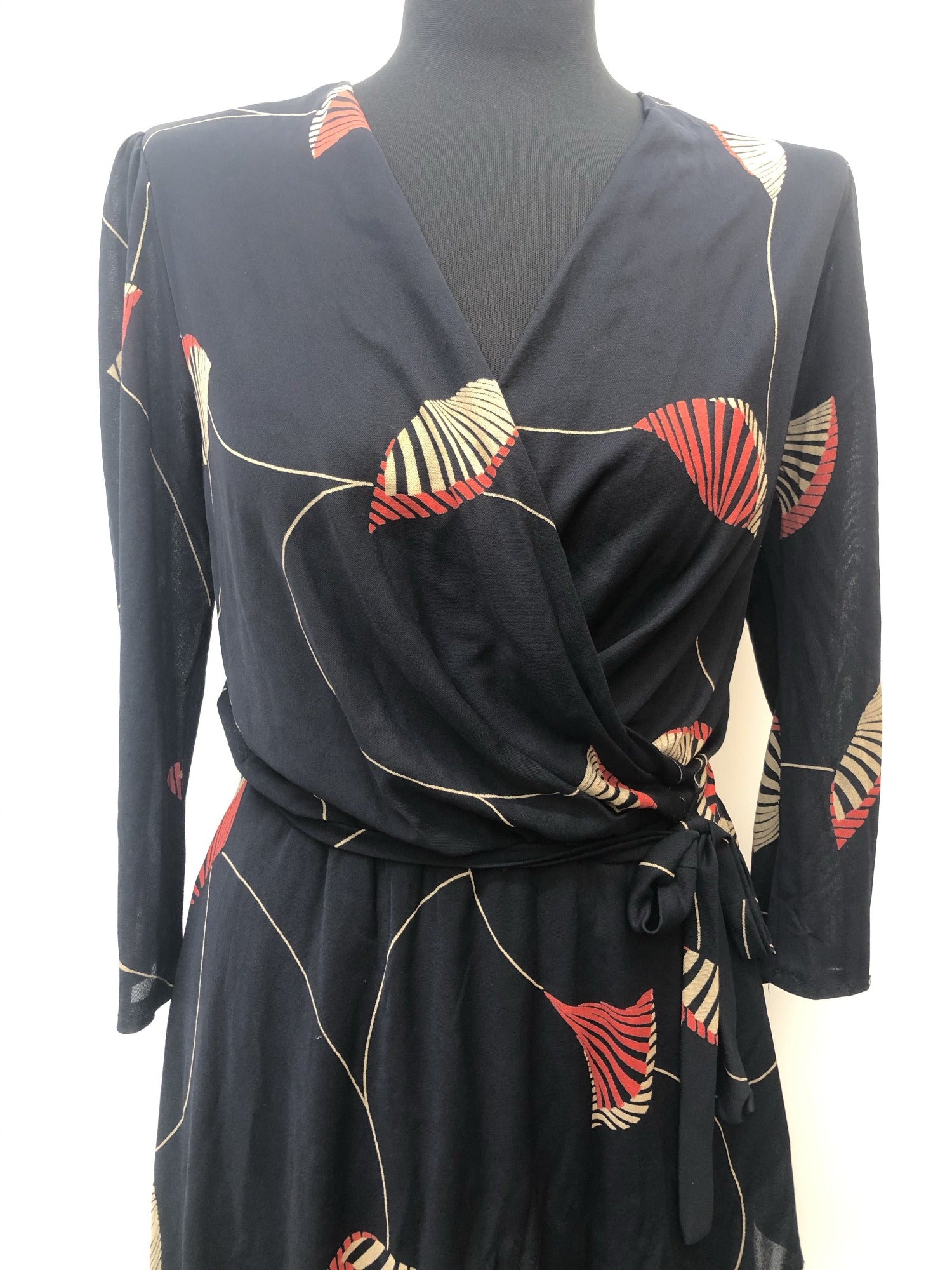 wrap front  womens  waist belt  vintage  Urban Village Vintage  red  midi dress  midi  long sleeve  dress  Bille Paris  belted dress  80s  70s  1980s  1970s