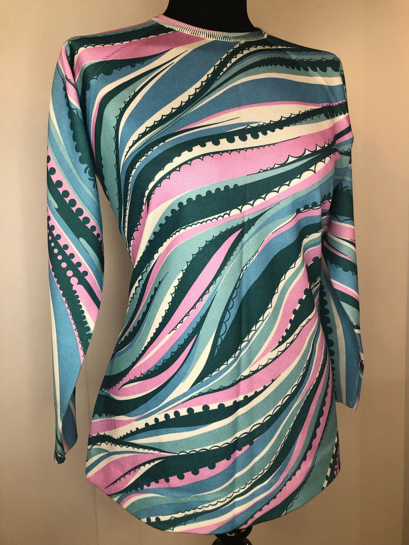 14  womens  vintage  Urban Village Vintage  top  swirl print  round neck  pink  multi  green  blue  70s  1970