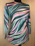 14  womens  vintage  Urban Village Vintage  top  swirl print  round neck  pink  multi  green  blue  70s  1970