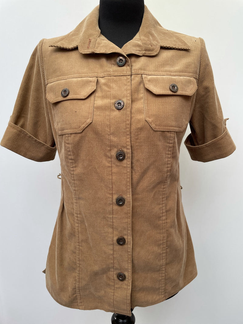 womens  vintage  Urban Village Vintage  urban village  short sleeved  short sleeve  Shirt  safari style  safari  retro  pockets  corduroy  corded  cord  collar  chest pockets  camel  button fastening  button down  button  brown  big collar  70s  1970s  10