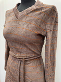 womens  waist belt  vintage  valour  v neck  Urban Village Vintage  urban village  stripey  Stripes  striped dress  striped  orange  midi dress  midi  long sleeves  long sleeved  long sleeve  dress  brown  belted dress  70s  1970s  12