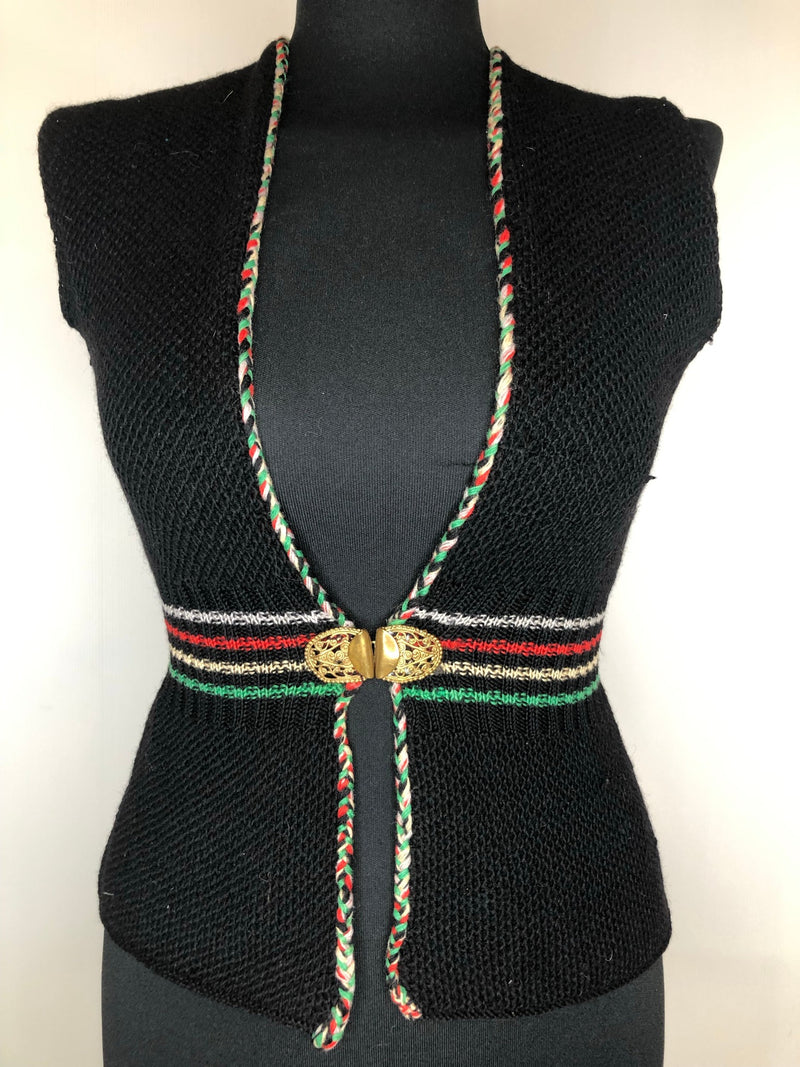 womens  waistcoat  vintage  Vest  tunic top  tunic  top  stripe detail  stitch trim  knitwear  knitted  Kintwear  clasp fastening  black  8  70s  1970s