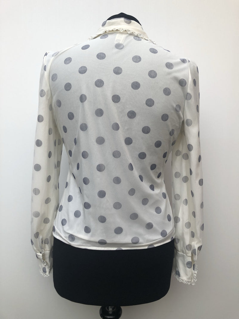 womens  vintage  Urban Village Vintage  urban village  Shirt  printed  print  polka dot  Nylon  long sleeves  long sleeve  lace trim  collar  brown  blue  blouse  70s  70  1970s  12