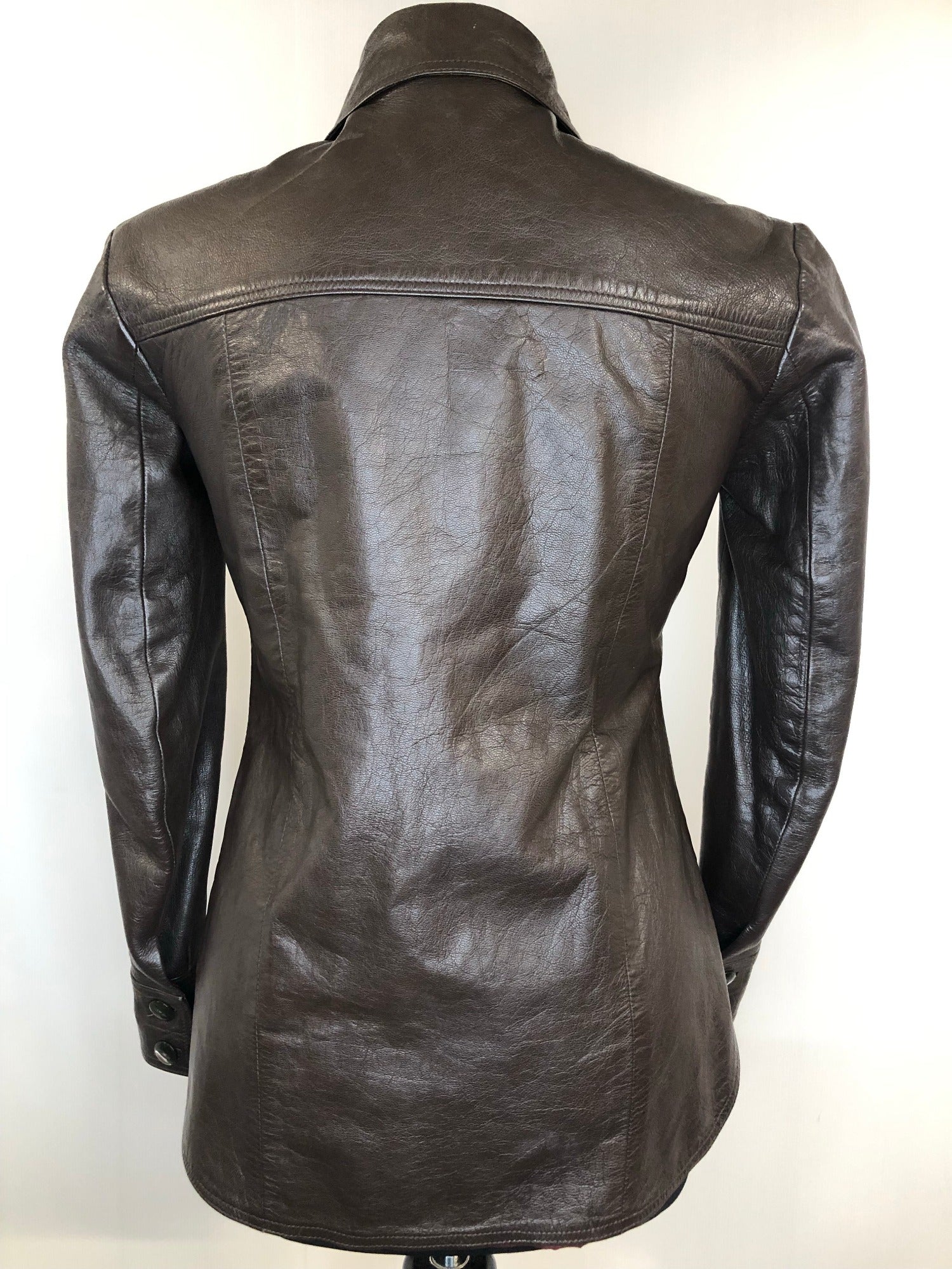 womens jacket  womens  vintage  Urban Village Vintage  urban village  pockets  leather stitch  leather shirt  Leather Jacket  Leather Coat  Leather  Jacket  dagger collar  coat  button  brown leather  brown  big collar  8  70s