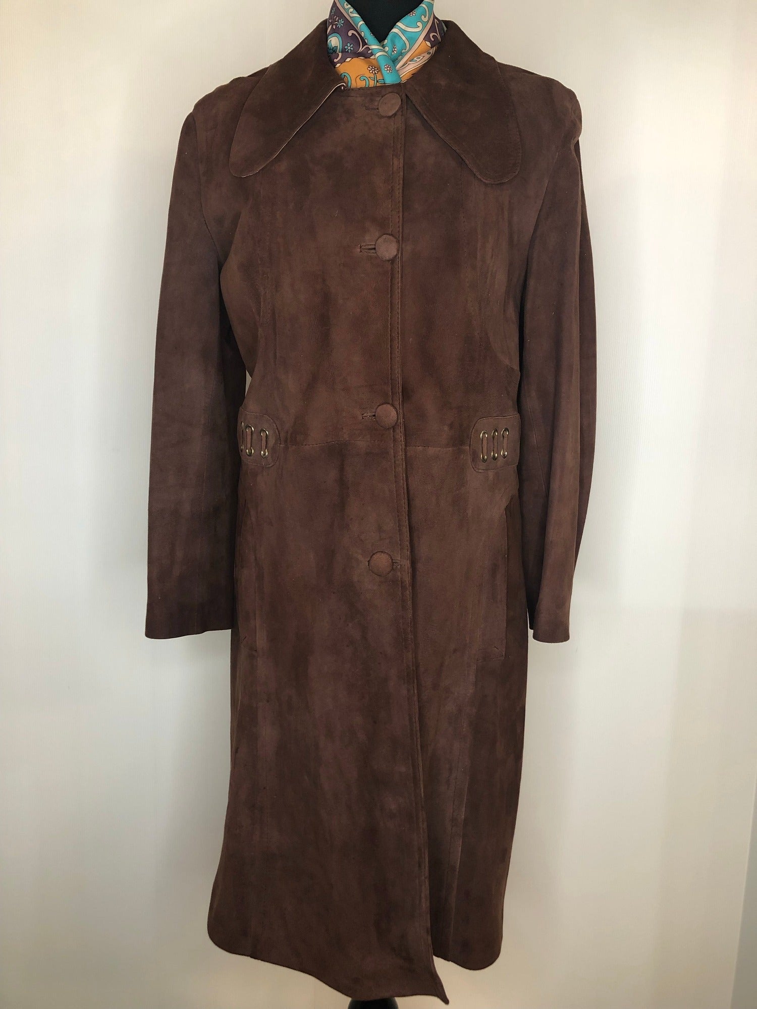 womens coat  womens  vintage  Suede Jacket  Suede  retro  mod  long sleeve  long length coat  lining  jacket  dress  coat  button down  button  brown  60s  1960s  14