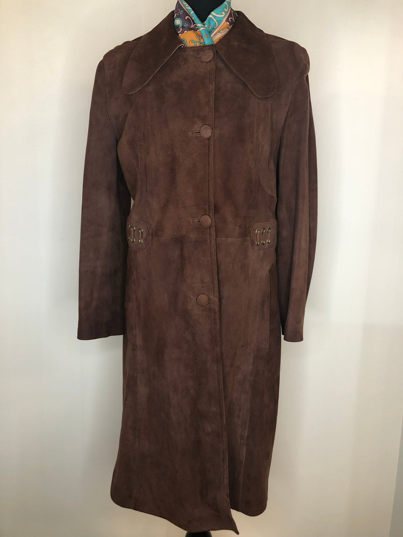 womens coat  womens  vintage  Suede Jacket  Suede  retro  mod  long sleeve  long length coat  lining  jacket  dress  coat  button down  button  brown  60s  1960s  14