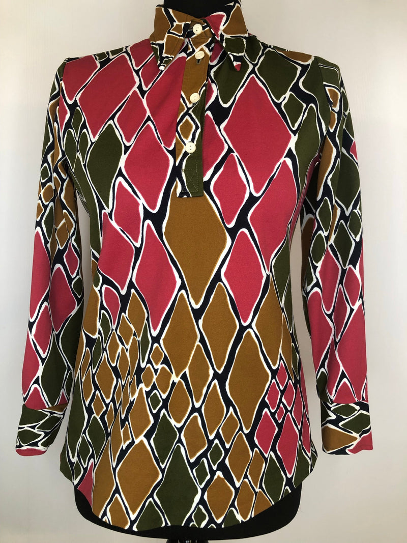 womens  vintage  Urban Village Vintage  urban village  shirt  red  multi  long sleeve  Green  dagger collar  collar  button front  button  brown  blouse  big collar  70s  1970s  10