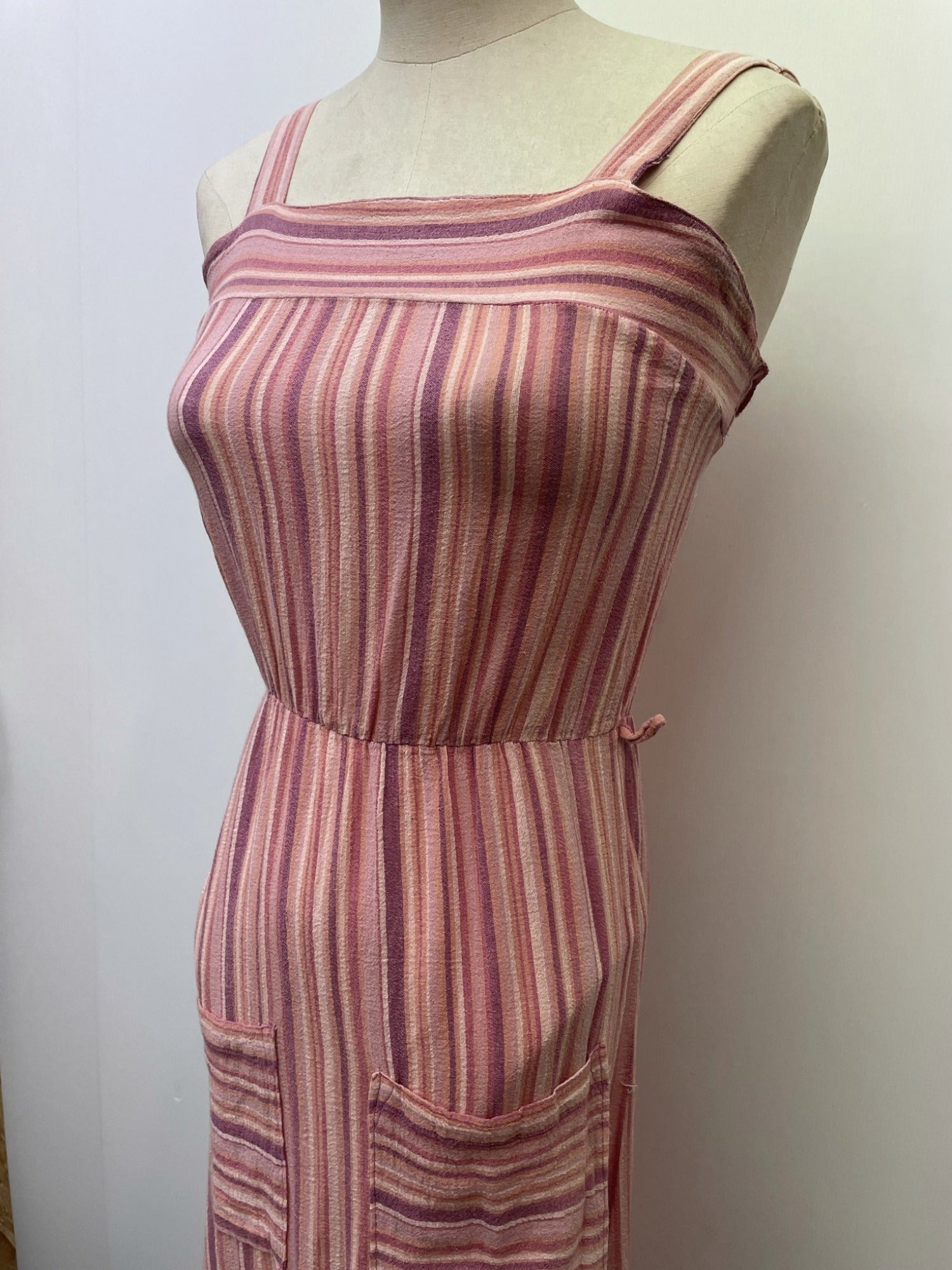 womens  waist belt  vintage  Urban Village Vintage  urban village  summer dress  summer  stripey  Stripes  striped dress  striped  stripe  straps  sleeveless  shoulder straps  ribbed design  Ribbed  retro  pockets  pocket detail  pink  midi dress  midi  front pockets  elasticated  dress  belted dress  70s  6  1970s