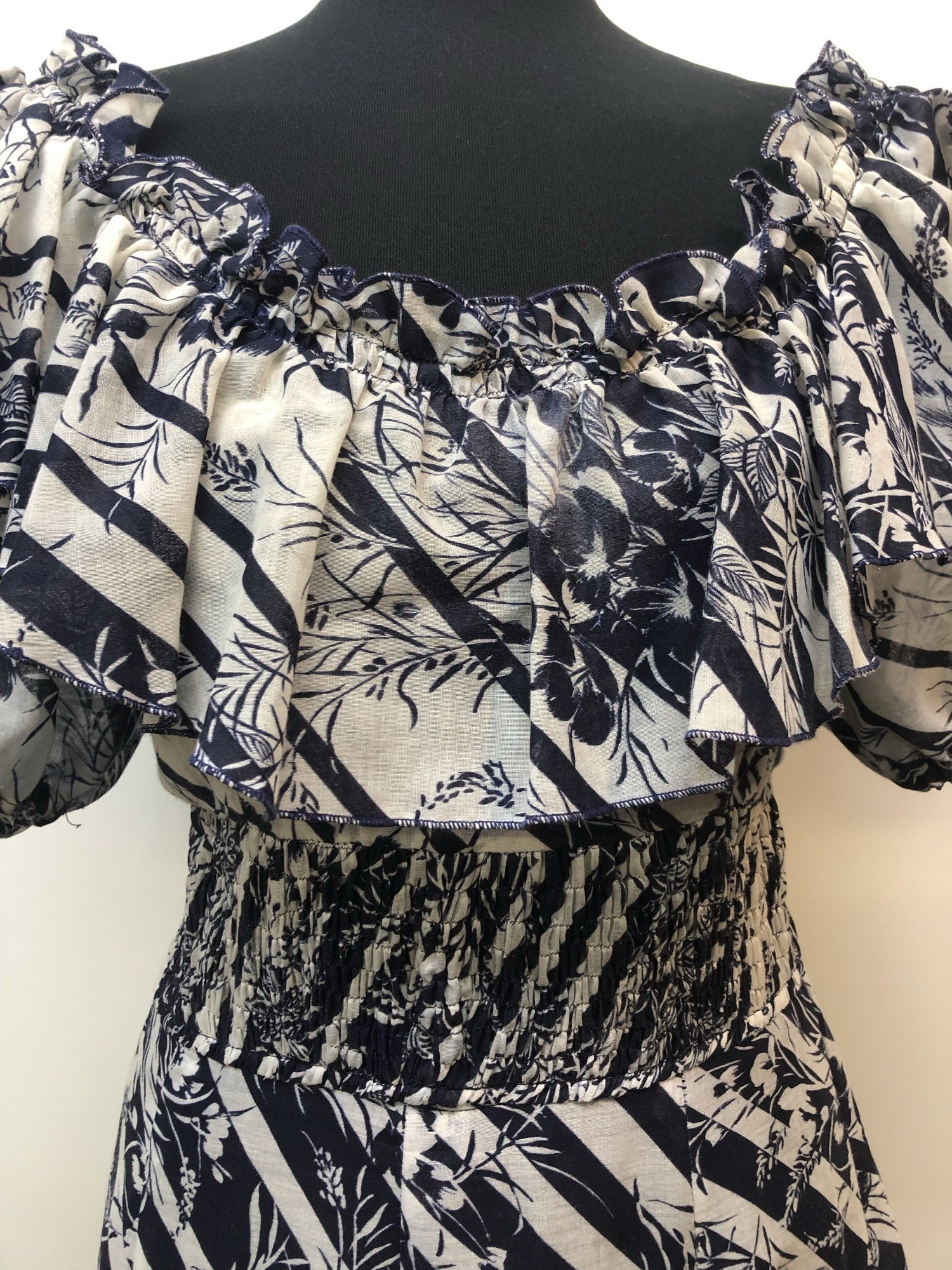womens  white  vintage  Urban Village Vintage  urban village  summer dress  stripe  ruffle  patterned  off shoulder  maxi dress  hippie  folk  floral dress  floral  dress  boho  bohemian  blue  balloon sleeves  70s  70  1970s  12