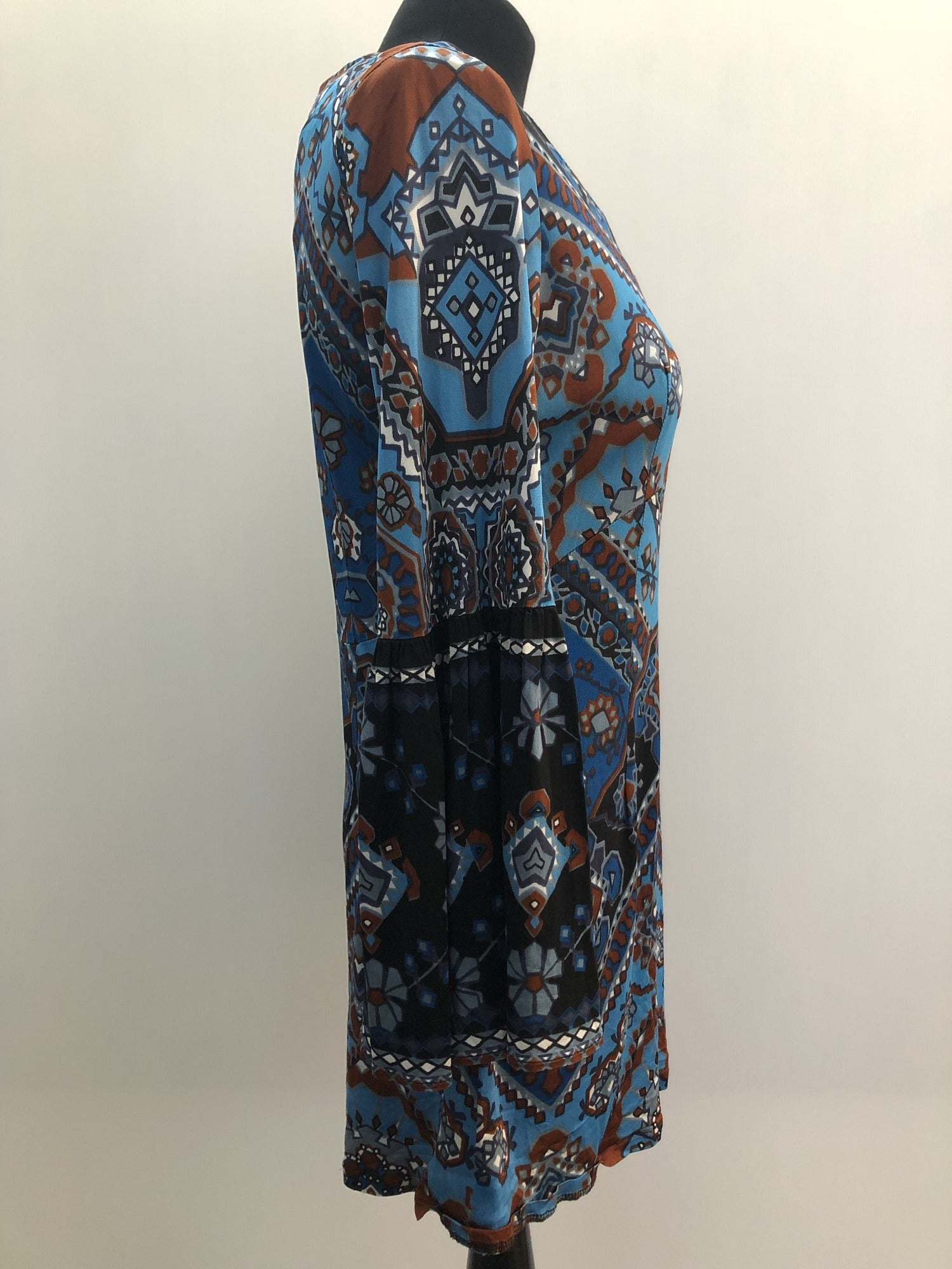 zip back  womens  vintage  Urban Village Vintage  summer dress  summer  Stripes  Sid Greene  short dress  multi  MOD  long sleeved  hippie  dress  brown  boho  blue  60s  1960s  10