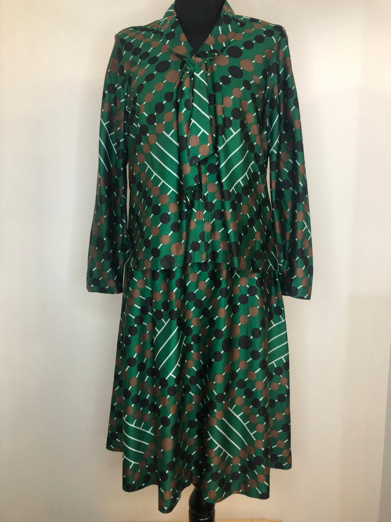 womens  vintage  Urban Village Vintage  two piece  twin set  top  tie neck  Skirts  skirt  Shirt  sailor collar  retro  green  circle print  brown print  blouse  70s  70  1970s  12  10-12  10