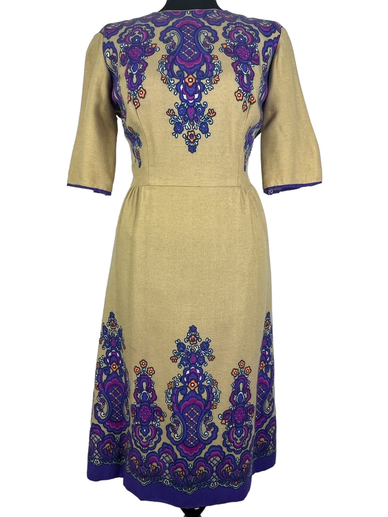 12  UK  womens  vintage  tie front  three quarter sleeve  style  retro  purple print  multi  light knitwear  ladies  Koupy Boutique  fashion  ethnic print  dress  clothing  clothes  beige  70s  1970s